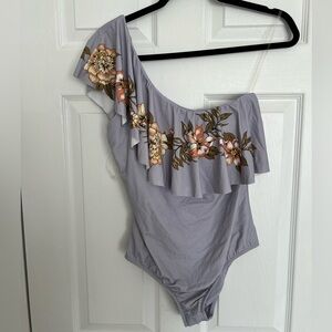 One Shoulder Steel Blue Ruffle Floral One Piece Swimsuit